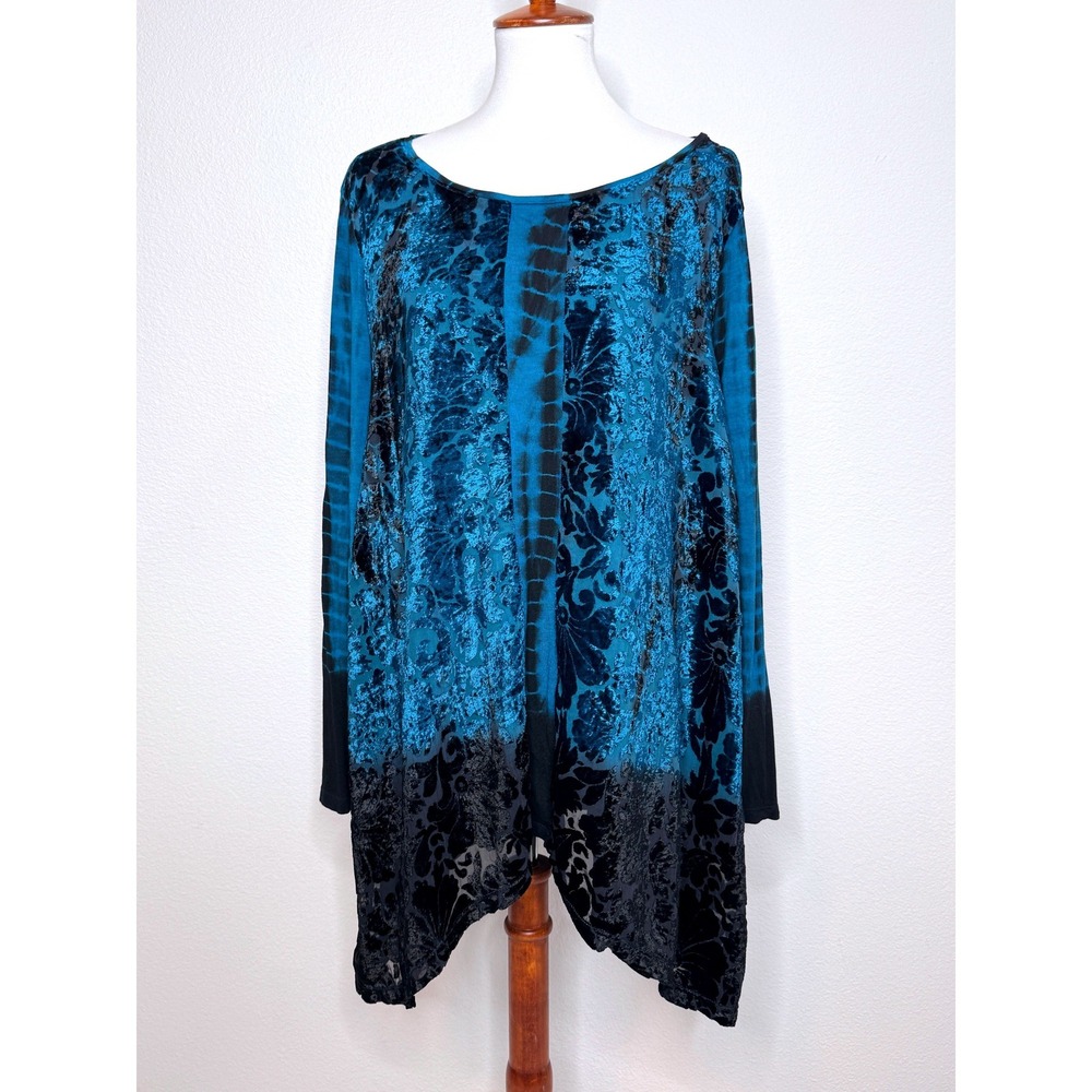CHICOS Burnout Velvet Tunic Top XXL (4) Blues Black Asymmetric Hem Dark Boho